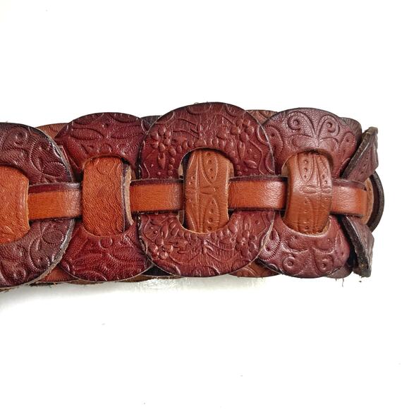 Vintage Woven Cognac Leather Belt | Artisan Patchwork Brass Buckle | Fossil Y2K - Picture 5 of 13